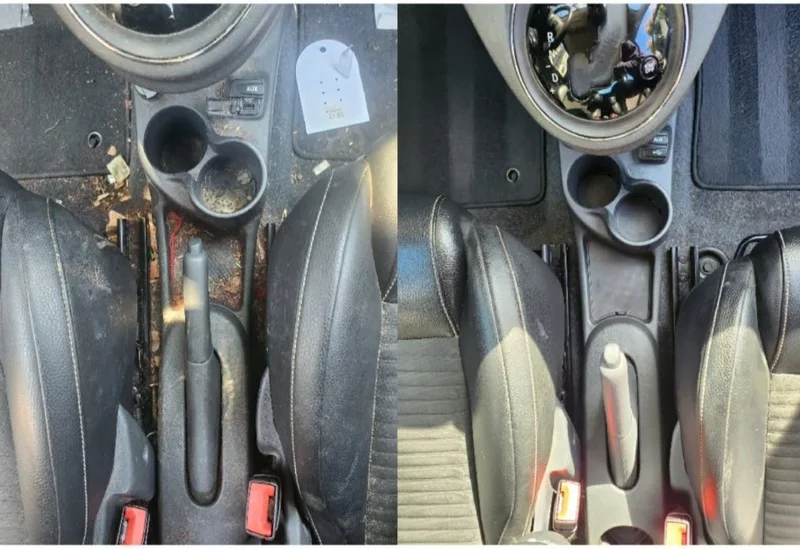 Before and after interior cleaning with refreshed seats and floor