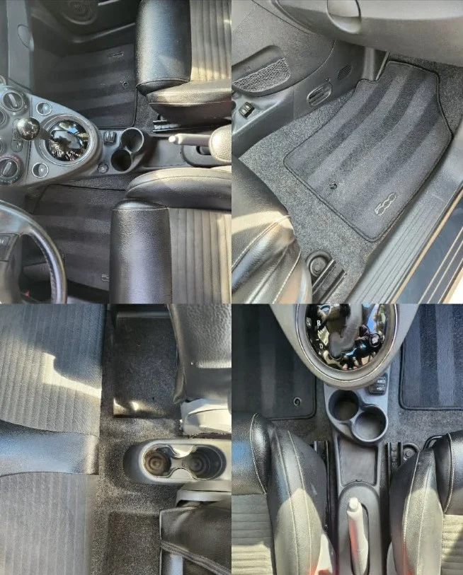 Detailed BMW interior with clean carpet, console and leather seats