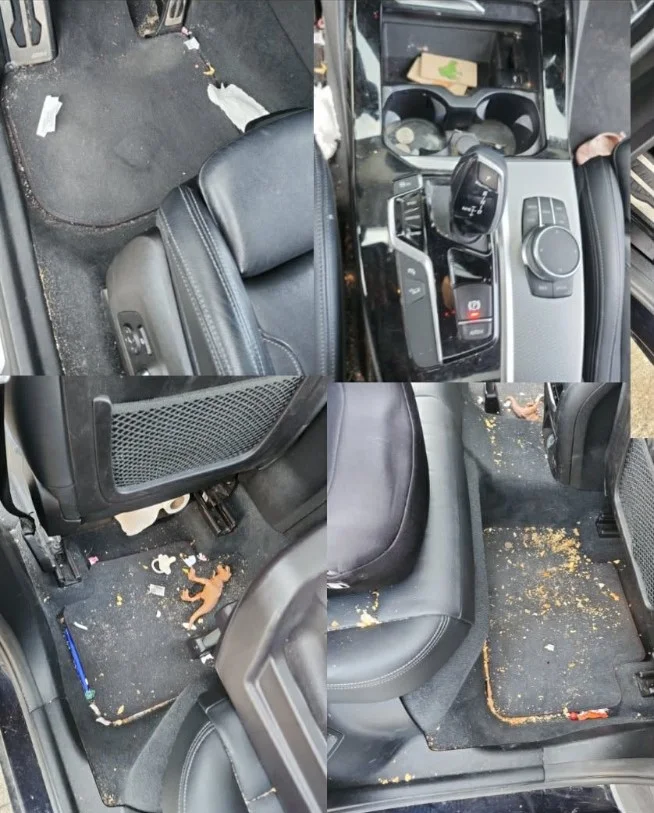 Before and after vehicle detail featuring clean mats and wheel finish