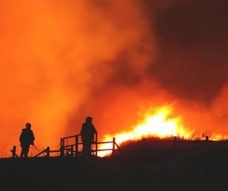 Two silhouetted people beside a wooden gate with a grass fire behind