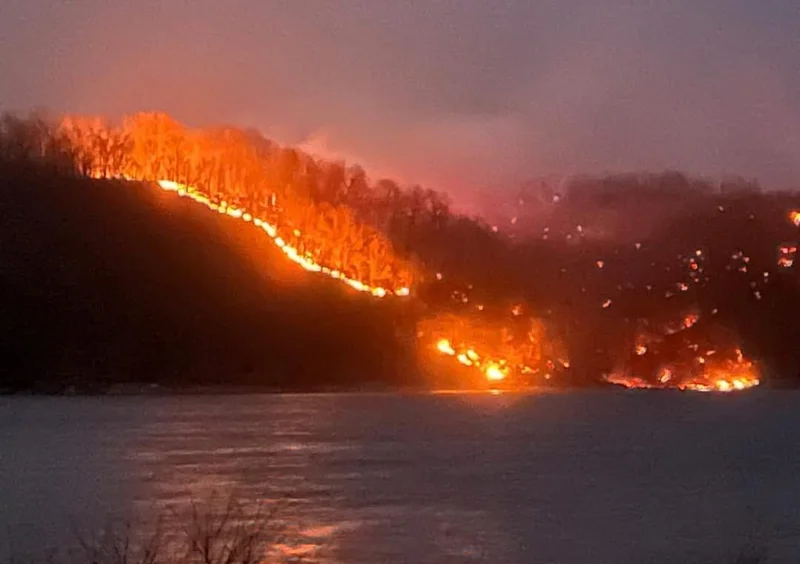 Fire burning along a wooded hillside above a lake