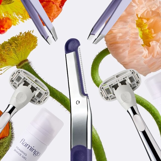 Flamingo dermaplane surrounded by flowers and lilac tweezers and chrome razor