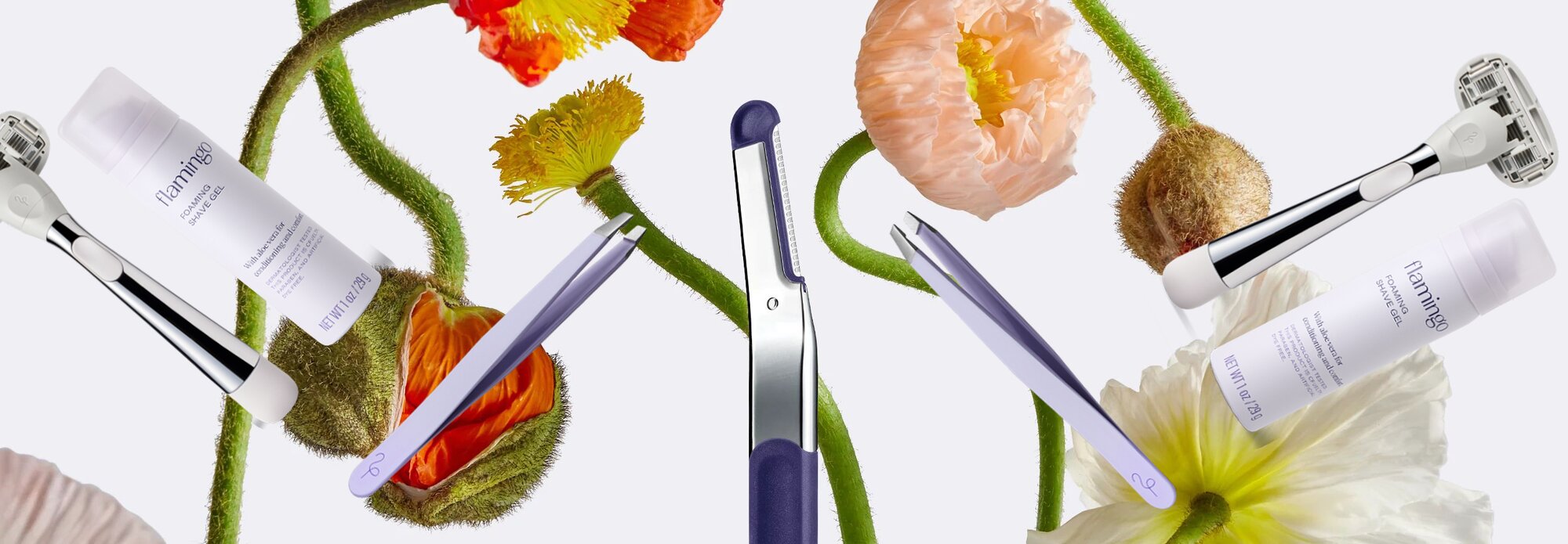 Flamingo dermaplane, tweezers, shave gel, and Chrome razor with fresh flowers in the background