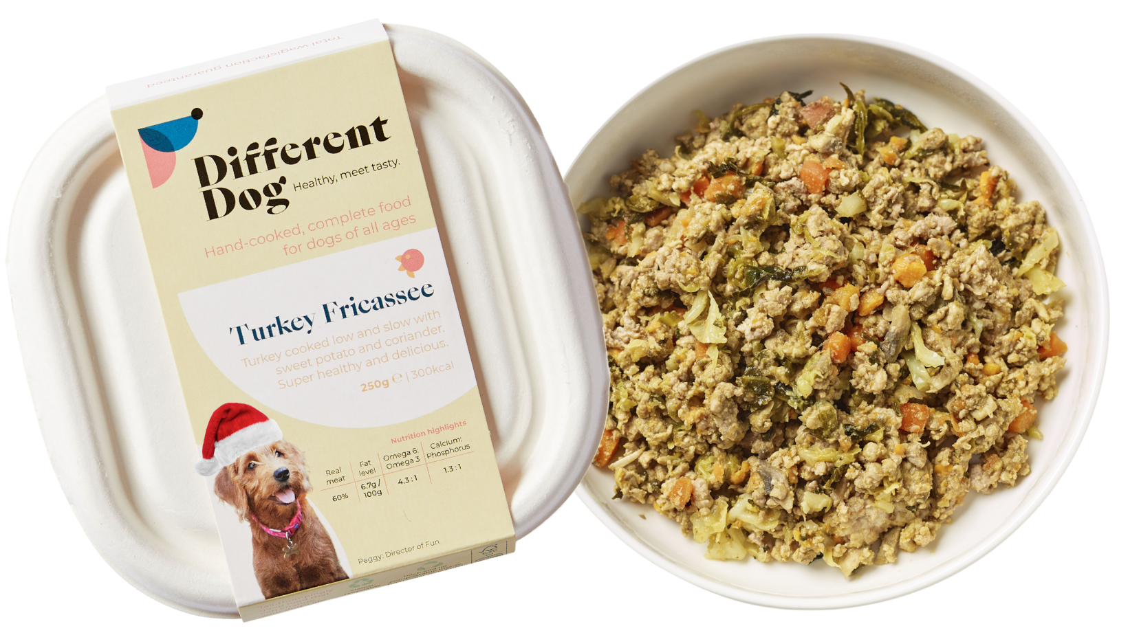 Turkey dog food in bowl with packaging
