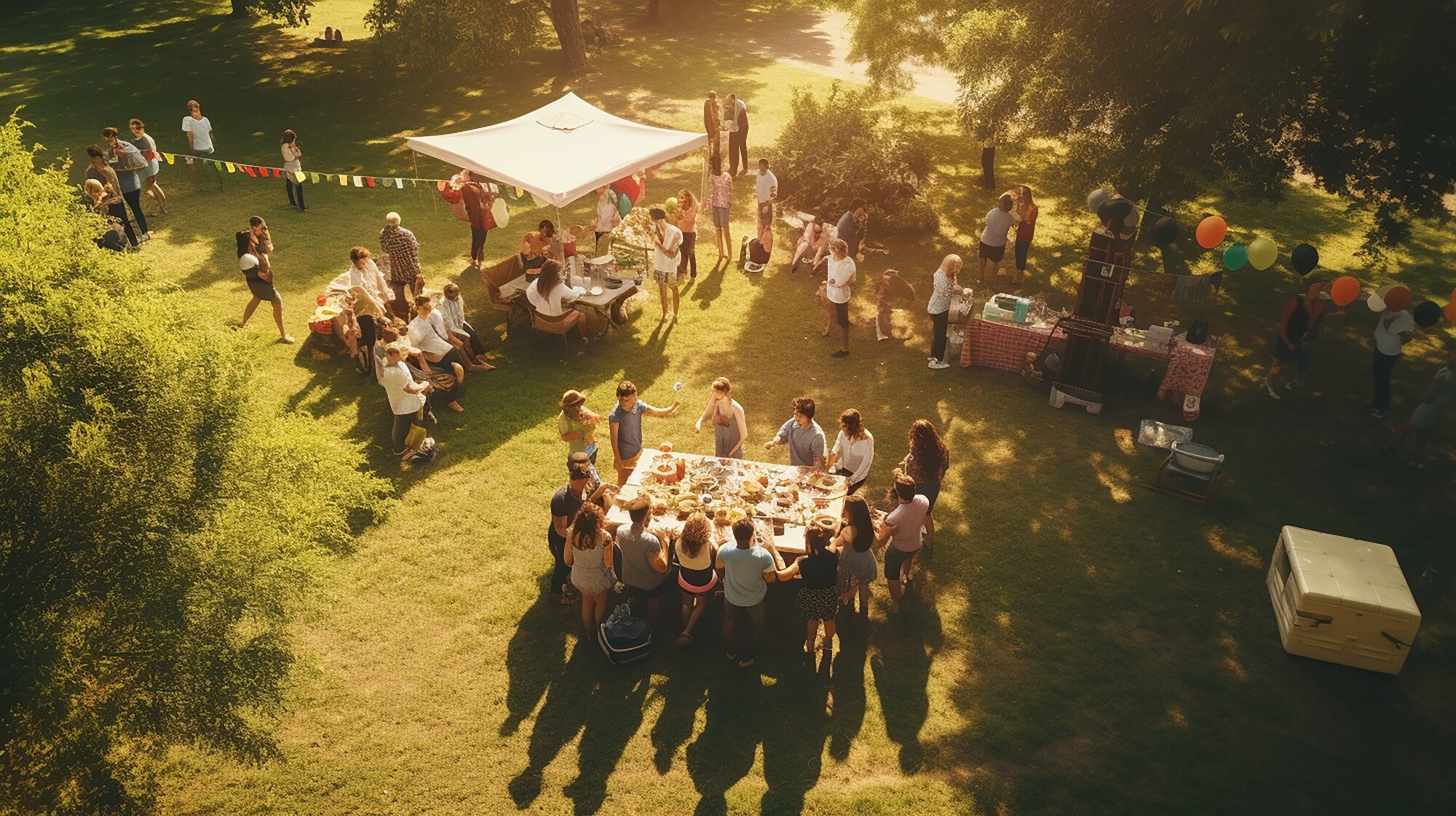 Havefest set oppefra med flere zoner, folk der sidder om borde, ved baren og spiller havespil.