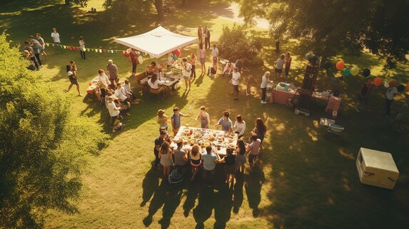 Havefest set oppefra med flere zoner, folk der sidder om borde, ved baren og spiller havespil.