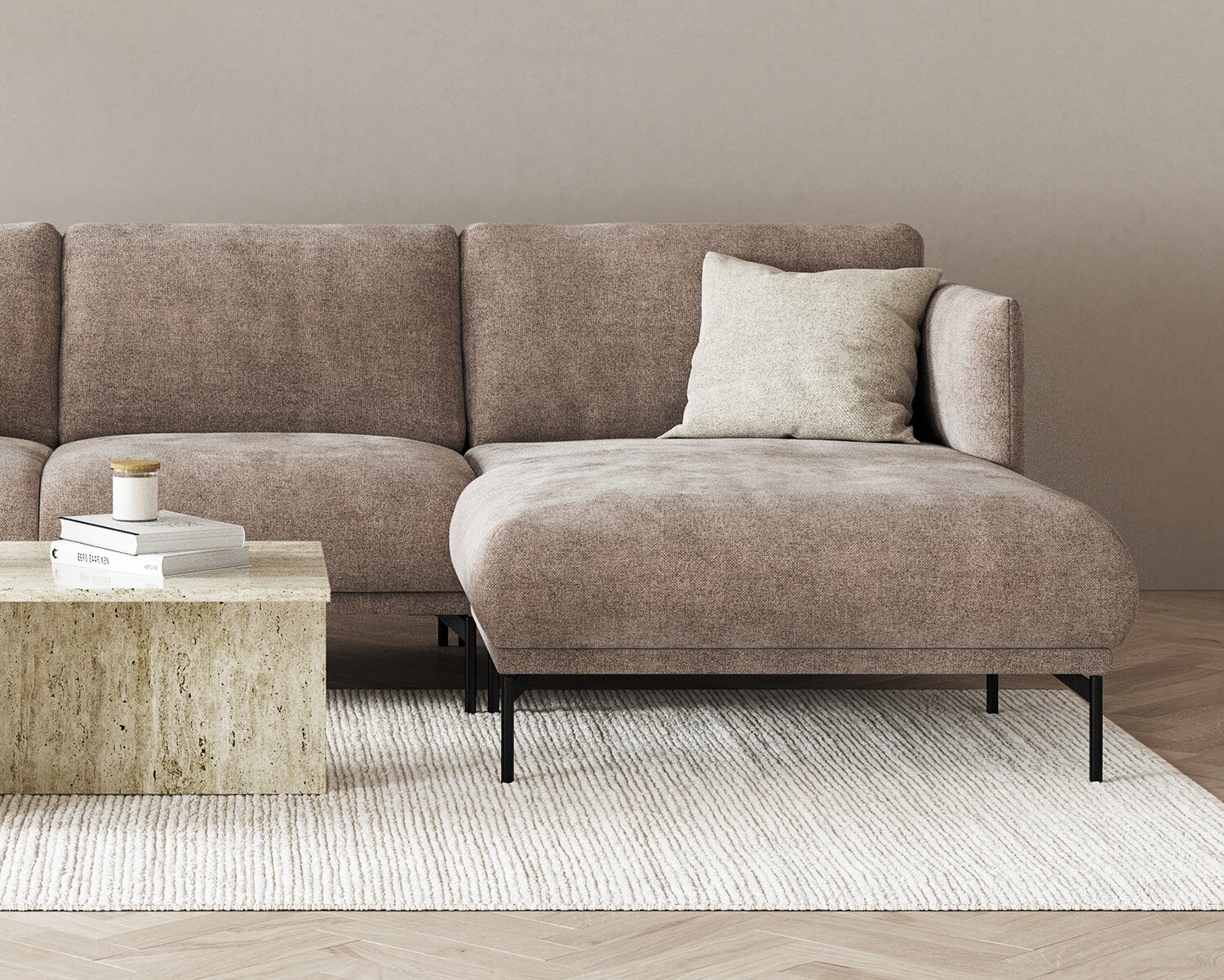 Josefine sofa med chaiselong i en lys og moderne stue