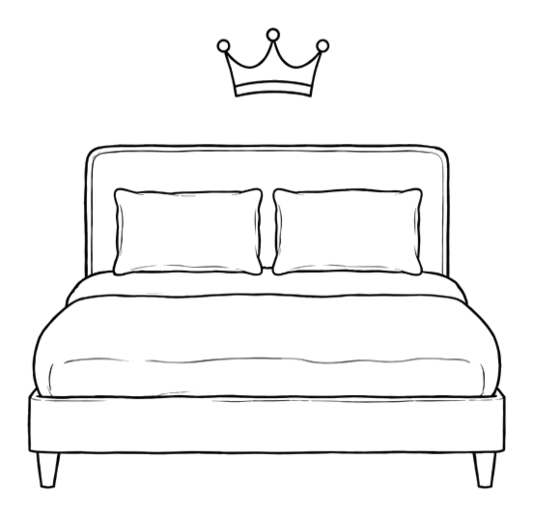Tegnet illustration af en queen size seng, visualiseret med en krone over sengen.