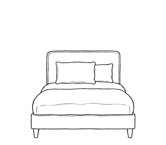 Tegnet illustration af en halvanden mands seng set forfra, visualiseret med 1,5 pude på sengen.