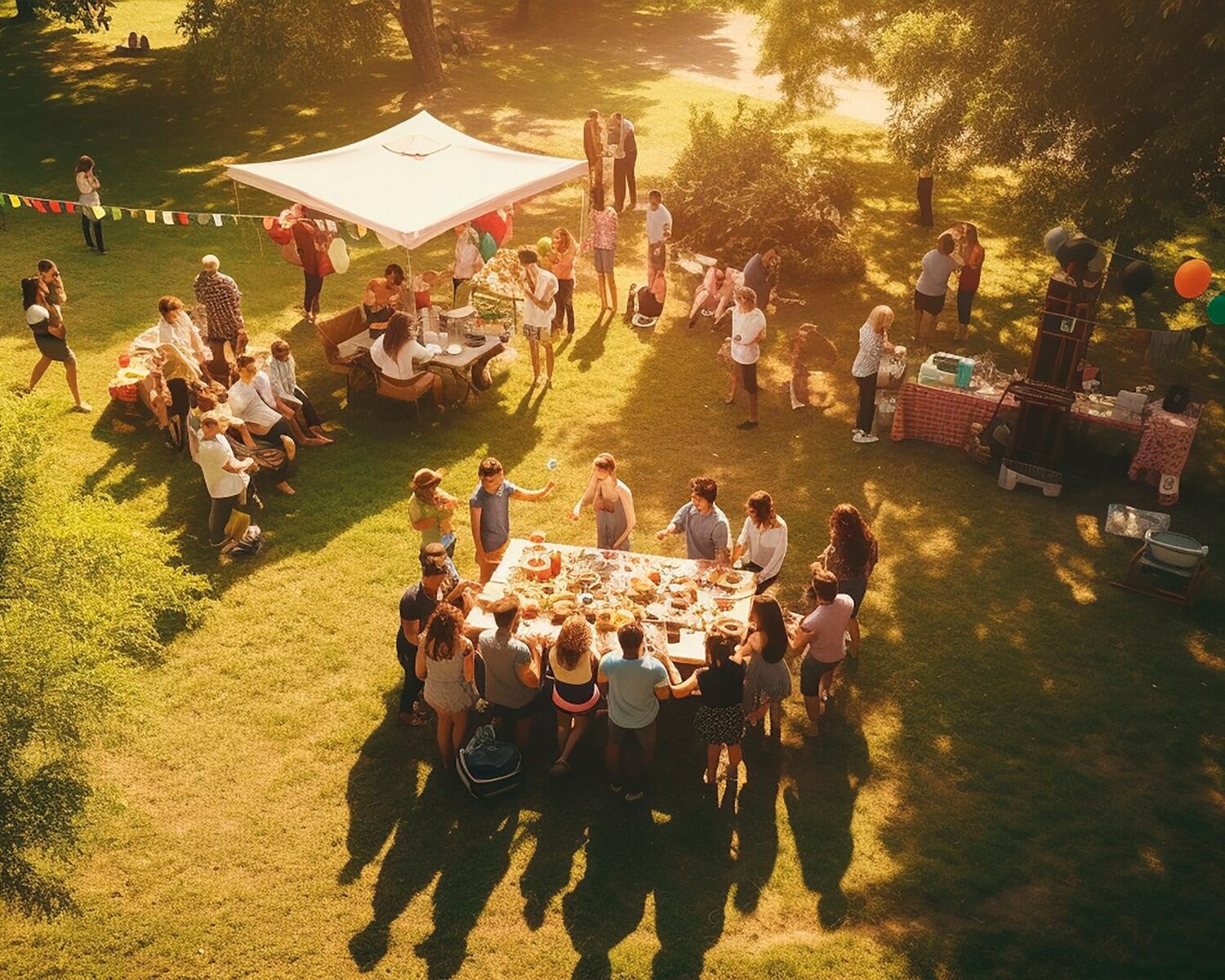 Havefest set oppefra med flere zoner, folk der sidder om borde, ved baren og spiller havespil.