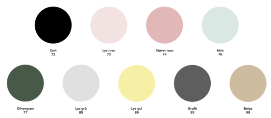 Farveprøver i rosa, lyseblå, olivengrøn, lysegrå, gul, grå og sand til Mistral opbevaringsmoduler