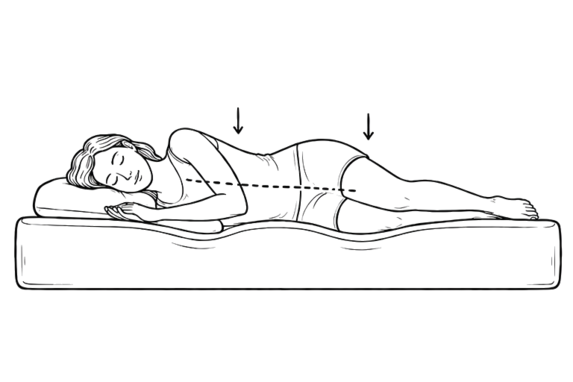 Tegnet illustration af en kvinde der sover på siden, der viser, hvor trykket er på madrassen.