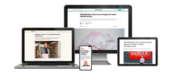 Artikler på computer, tablet og mobil, hvor Daells Bolighus' administrerende direktør Brian Seemann Broe udtaler sig om møbelbranchen