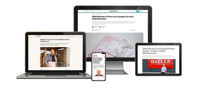 Artikler på computer, tablet og mobil, hvor Daells Bolighus' administrerende direktør Brian Seemann Broe udtaler sig om møbelbranchen