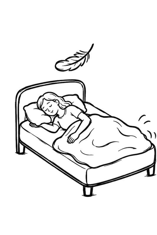Tegnet illustration af en seng med en pige der sover med en fjer over sig.