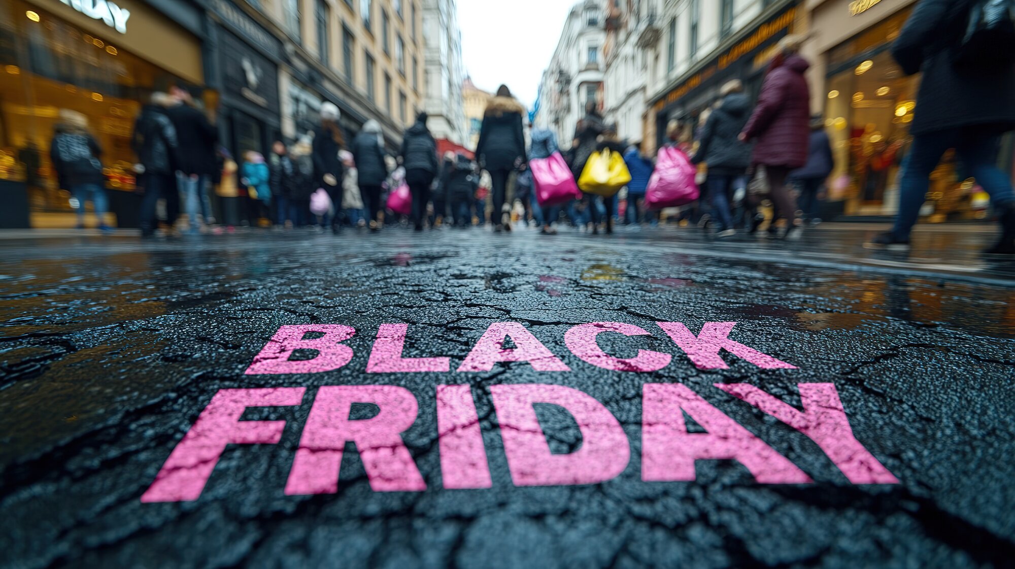 Pink “Black Friday” tekst er malet på våd asfalt i en travl gågade, mens mennesker med shoppingposer bevæger sig forbi i baggrunden.