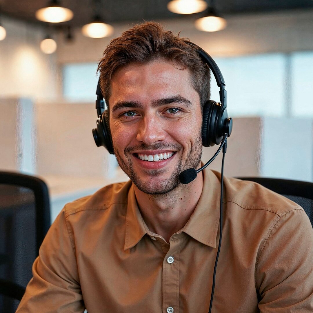 Mand med headset i kundeservice afdeling smiler