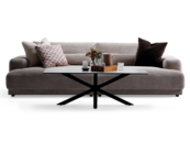 Flydersofa i beige bredriflet fløjl med løse puder og vist med Heaven sofabord