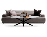 Flydersofa i beige bredriflet fløjl med løse puder og vist med Heaven sofabord