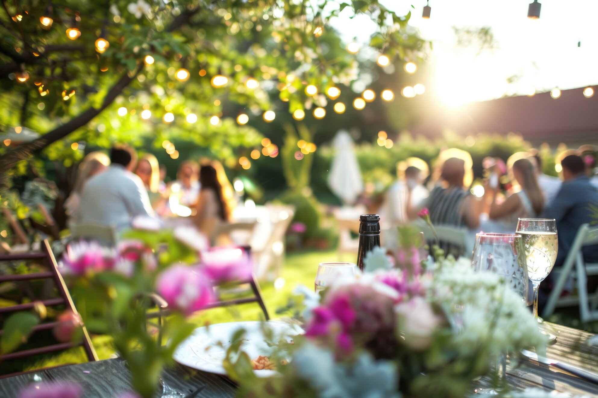 Havefest i eftermiddagsolen med blomster, lyskæder i træerne, og gæster der sidder rundt om borde i haven.