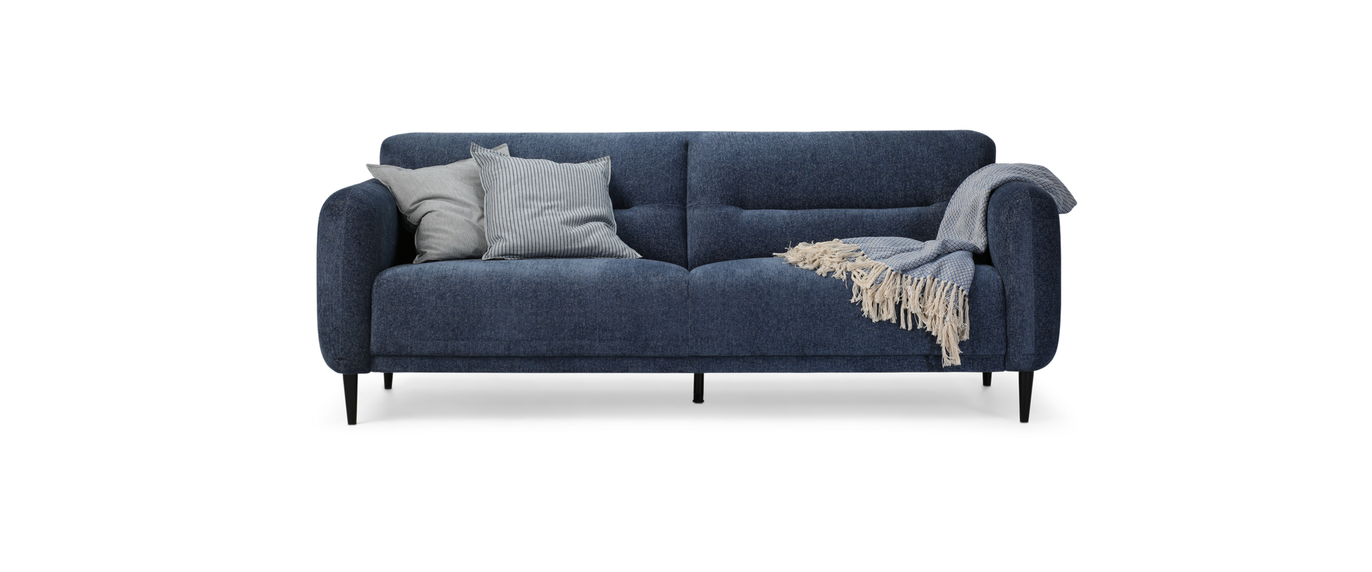 Halifax 3 personers sofa i blåt møbelstof med puder og plaid