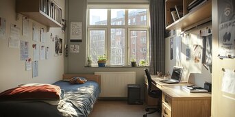 Studiebolig værelse med seng og skrivebord