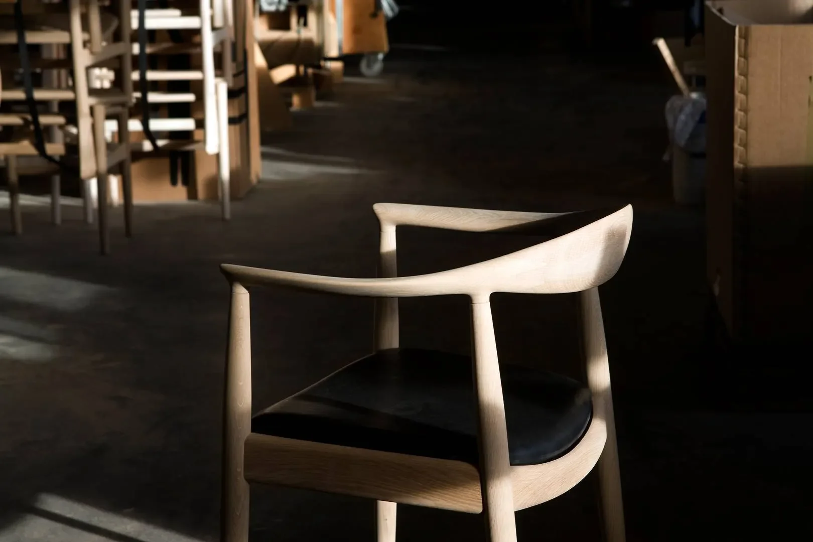 Lys træstol med sort sæde står i et mørkt rum, hvor sollys falder ind og fremhæver stolens organiske former og elegante design.