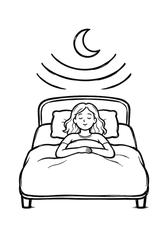 Tegnet illustration af pige der sover i en seng i dyb søvn med en måne over sig.