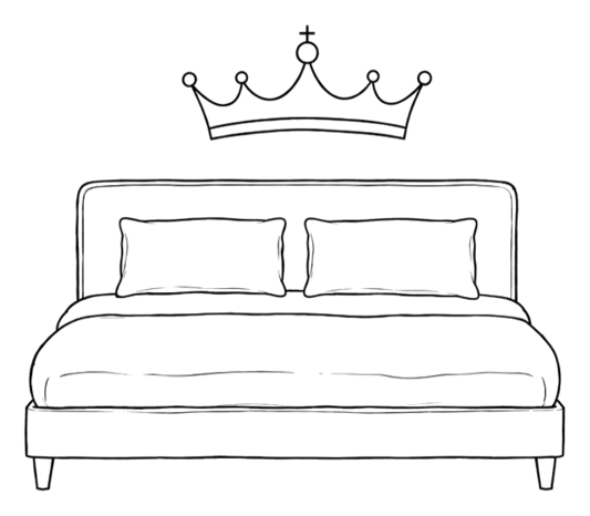 Tegnet illustration af en king size seng, visualiseret med en kongekrone over sengen.