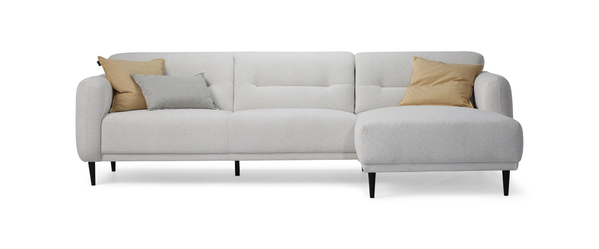 Hvid Halifax sofa med chaiselong pyntet med gule puder