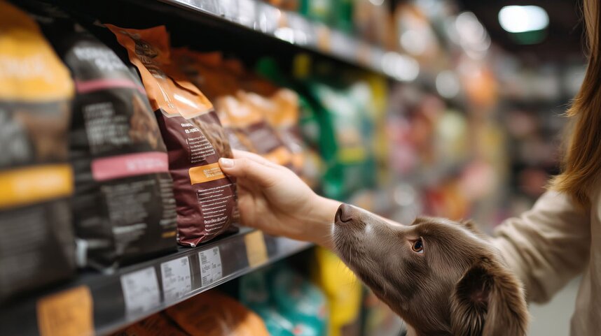 Dog looking at a bag of dog food