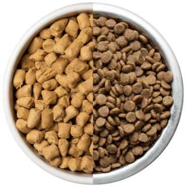 comparison image of freeze-dried raw food and kibbles