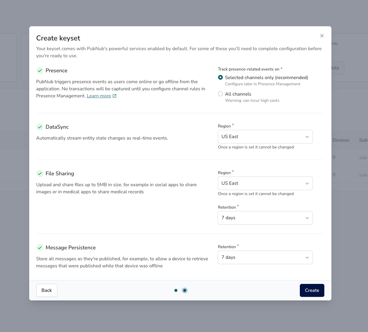 Create keyset: Presence, File Sharing, Message Persistence and DataSync settings