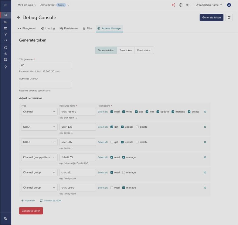 Debug Console Access Manager view for generating and inspecting access tokens