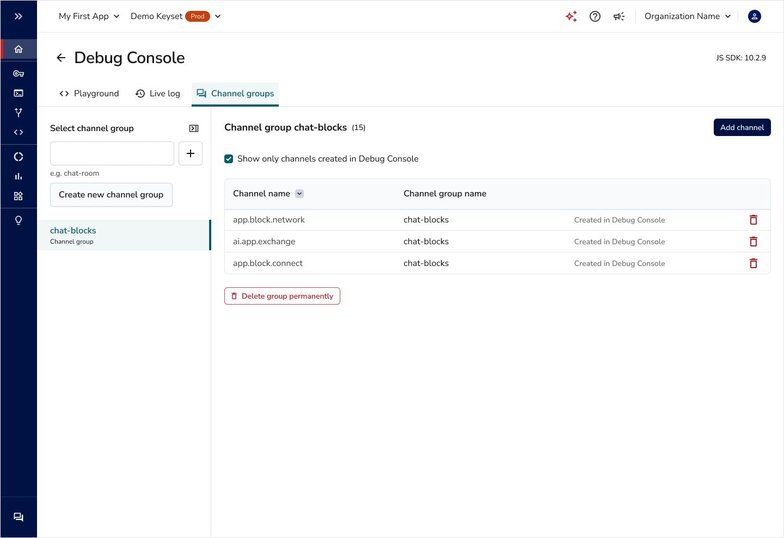 Debug Console Channel groups view with group and channel management controls