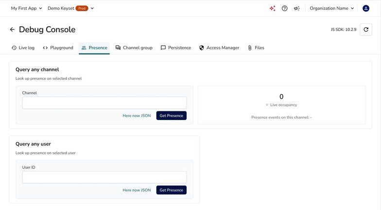Debug Console Presence view showing occupancy and user information for a channel