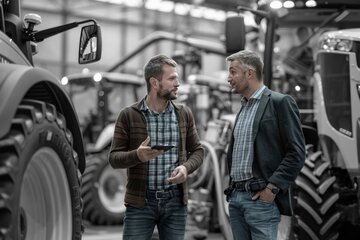 two dealers standing in front of tractors