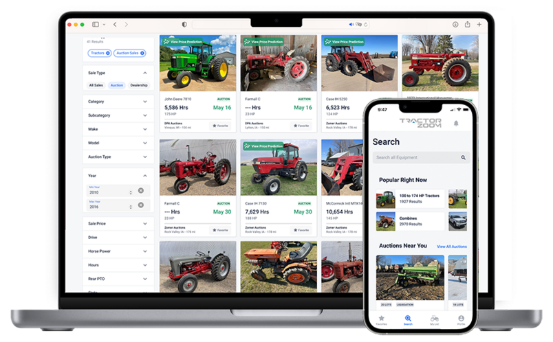 desktop and mobile view of TractorZoom.com equipment search results