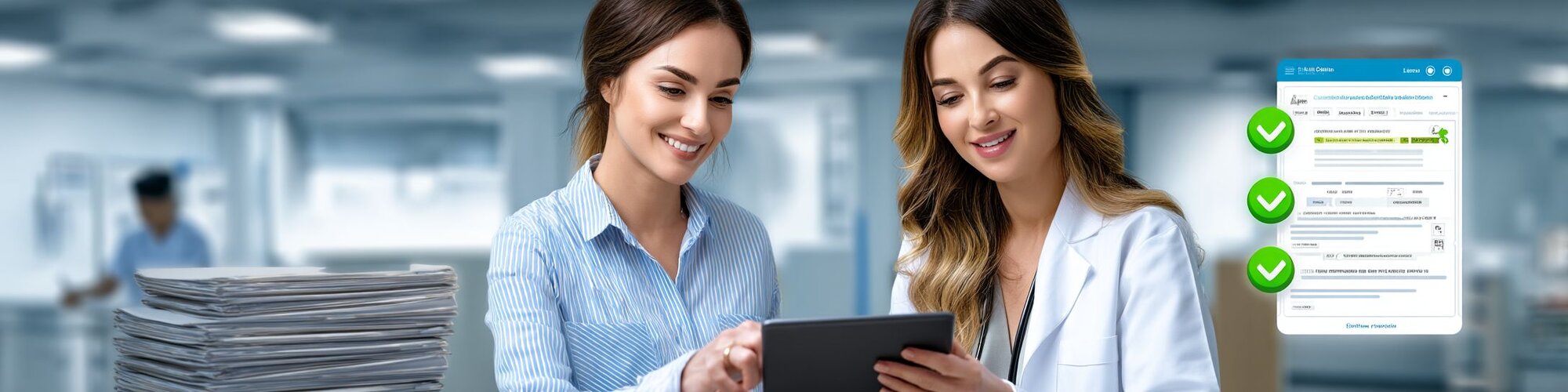 A professional hospital HR manager and a new healthcare employee reviewing digital onboarding documents on a tablet in a bright, modern medical office.