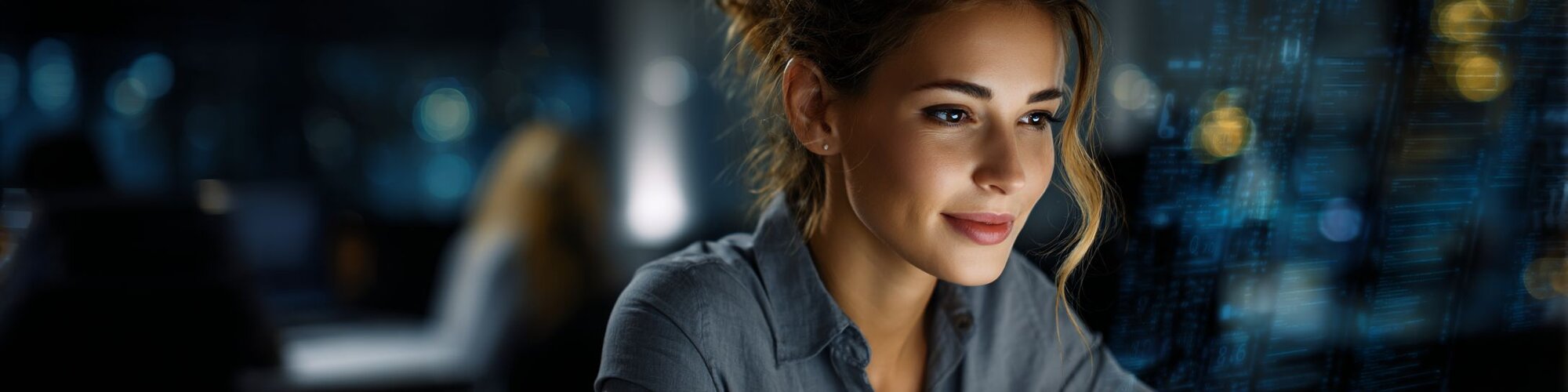 professional HR manager in a modern office environment working with multiple digital compliance dashboards showing organized employee documentation, regulatory checkmarks, and data security shields