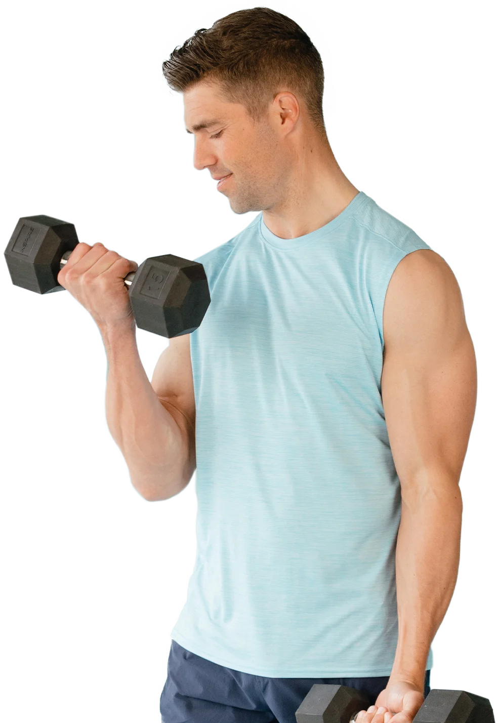 Man in a blue shirt smiling and looking down at his arms doing curls and happy because he has confidence after his laser hair removal for bodybuilders treatment