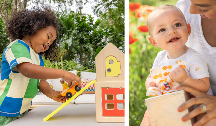 Baby looking at Lovevery's Black and White Card Set and a toddler playing with Lovevery's Race and Chase Ramp