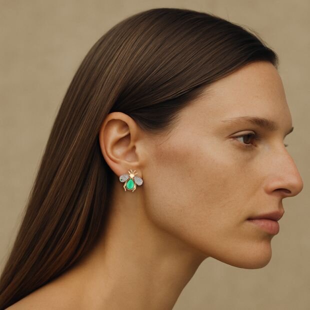 A model wearing a scarab stud earring featuring a green gem with gold and inlaid diamonds.