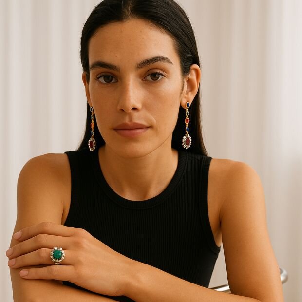 A model wearing a pair of gold pearl and multi-stone earrings with a linear drop design.