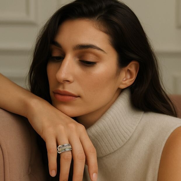 A woman wearing a beige sleeveless turtleneck top and a silver diamond-embellished ring.