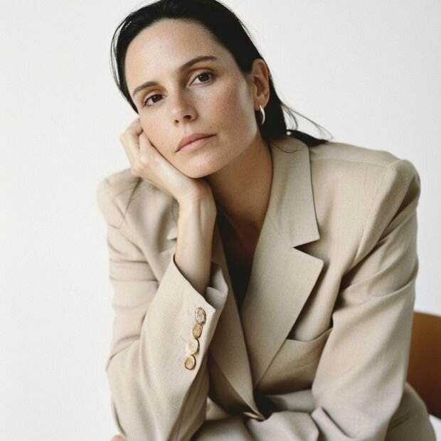 A model wearing a beige blazer.