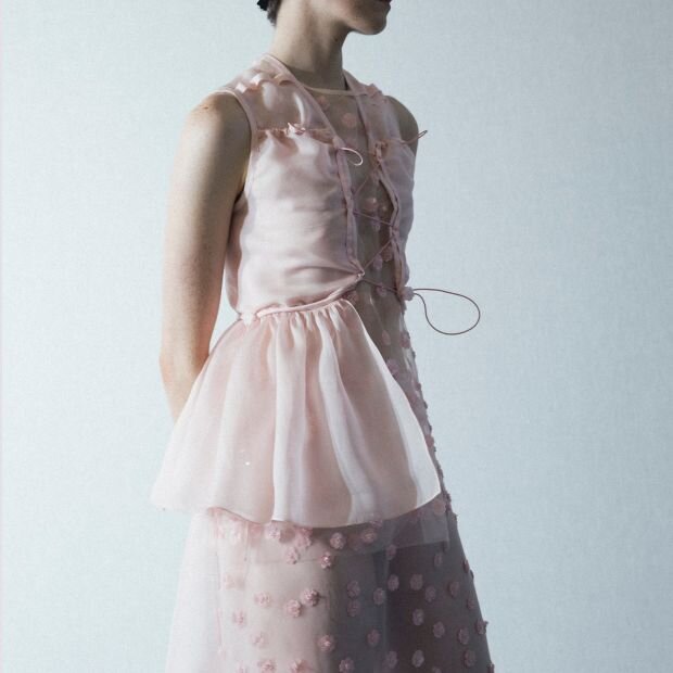 A model wearing a pink floral embellished top with a sheer tulle silhouette and a classic A-line shape.