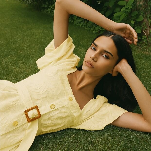 A model wearing a yellow short-sleeved belted dress with a square neckline.