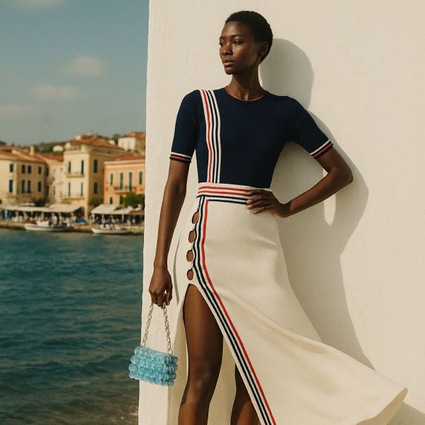 A model wearing a black knitted top and a matching skirt with a thigh-high slit, both feature red, white, and black stripes along the trim.