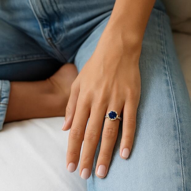 A person wearing a brilliant-cut sapphire ring with an embellished yellow gold band.